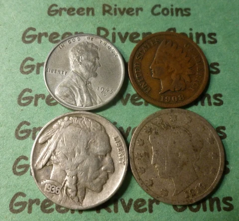 Buffalo Nickel Liberty V Nickel, Indian Head Penny  1943 Steel Cent (4 coin) Lot Cover