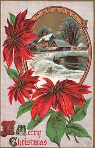 Frohe Weihnachten Blumen Schnee Häuser See Bäume Gruß Vintage Postkarte 1910 - Bild 1 von 2