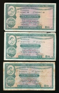 Set of 3 The Hong Kong and Shanghai Banking Corporation $10 Dollars, 1971 & 1983 - Picture 1 of 2