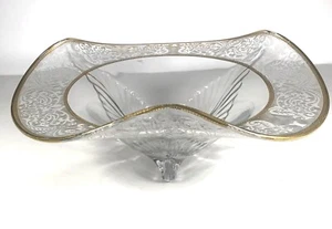 Consolle frutta 12" depressione piedi svasati ciotola ORO TRASPARENTE vetro inciso vintage - Foto 1 di 6