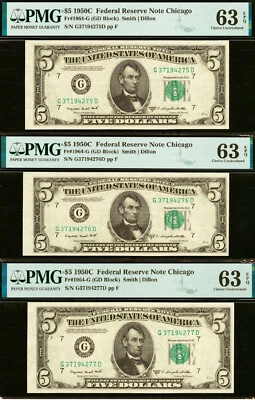 1950C $5 Federal Reserve Note PMG 63EPQ popular 3-Consecutive Chicago Fr 1964-G - Image 1 of 4
