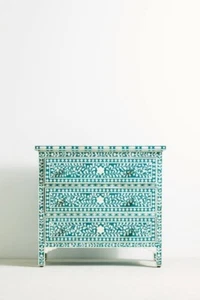 Bone Inlay Chest Of 3 Drawers Floral Design In Teal Green Color - Picture 1 of 10