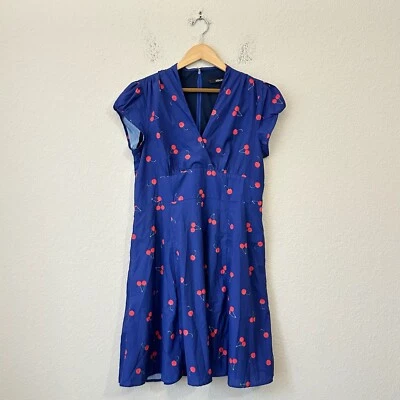 Vestido ESHAKTI Imperio Estampado Cereza Para Mujer XL (16) Azul Cuello en V Manga Corta Hippie Foto 1 de 4