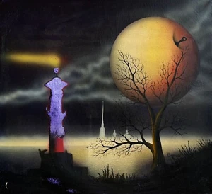 SURREALIST MASTERPIECE  – MOONLIT DREAMSCAPE – RARE COLLECTIBLE OIL PAINTING - Picture 1 of 8