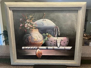 C. BENOLT WESTERN AZETEC POTTERY SCENE OIL CANVAS STILL LIFE PAINTING 29”x25” - Picture 1 of 23