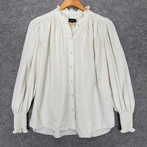 Me+Em 100% Silk Button Blouse Womens 4 Ruffle Shirred Cream Smocked Peasant Soft - Picture 1 of 11