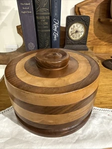 Vintage Danish Hand Turned Multi Tone Wood Lidded Bowl Canister MCM 7.5” Diamet - Picture 1 of 10
