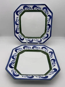 HEREND VILLAGE POTTERY Octagonal Plates Green Blue Scrolls Set of 2 - Picture 1 of 10
