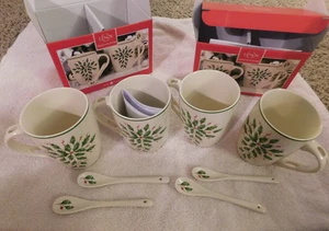 25-966 Lenox Holiday Tazze Cacao/Caffè/Tè Tazze Cucchiai Porcellana Agrifoglio Natale - Foto 1 di 11