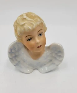Vtg Orlik Germany Porcelain Angel Cherub Head Figurine Blonde Hair Blue Wings - Picture 1 of 5