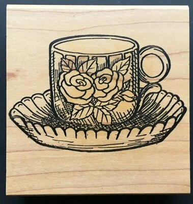 TEA CUP WITH INTRICATE DETAIL ROSE FLOWER Hampton Art Wood Mounted Rubber Stamp - Image 1 of 4