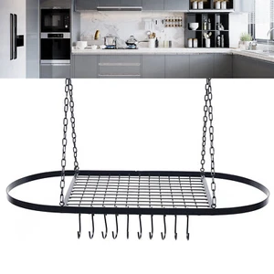 Kitchen Storage Hanging Pot Pan Holder Hanger Shelf 9 Hooks Cookware Rack Black - Picture 1 of 10