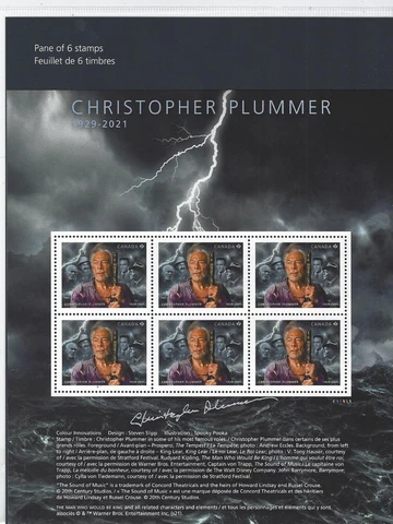 CANADA 2021 CHRISTOPHER PLUMMER PANE OF 6 STAMPS IN PACK UNMOUNTED MINT, MNH Cover