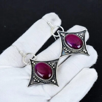 Rosa Lampeggiante Pietra Labradorite 925 Argento Sterling Fatto a Mano Orecchino - Immagine 1 di 4