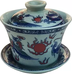 Gaiwan 5.5Oz Chinese Teacup Qinghua Porcelain Cup Dragon Phoenix Gongfu Tea Set - Picture 1 of 12