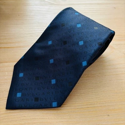 BVLGARI Logomania темно-синий мужской семикратный шелковый галстук широкий дизайнерский роскошный - Изображение 1 из 4