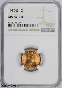 1950-S Lincoln Wheat Penny NGC MS67 RD BU Uncirculated Cent GEM - Picture 1 of 2