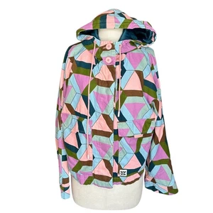 LUCY & YAK Blue Purple Geometric Hooded Jacket Women's Size Medium Colorful Mod - Picture 1 of 8