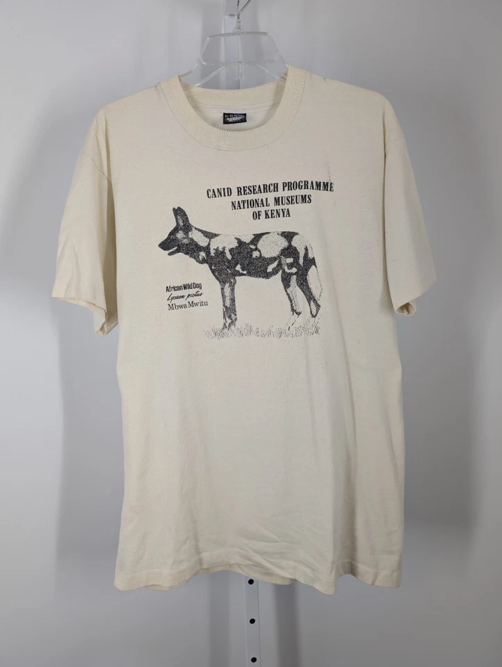 African Wild Dog Canid Research Kenya Museum Art Shirt Screen Stars Vtg 90s USA - Image 1 of 4