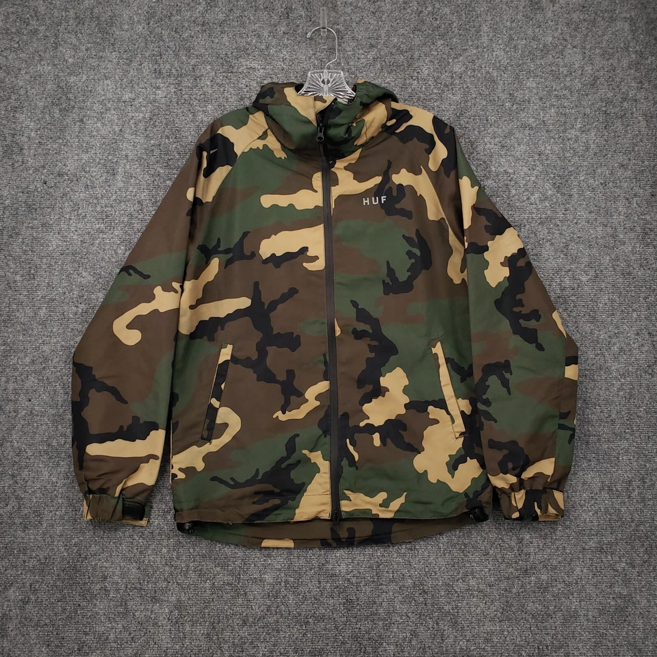 Huf Jacket Mens S Small Green Camo Woodland Full Zip Hooded Windbreaker Skate - Image 1 of 4
