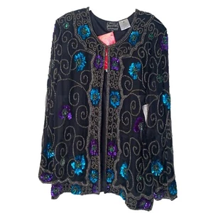 Jean Joseph Le Bon Beaded Size XL Sequined Silk Floral Jacket Cocktail New Year - Picture 1 of 8