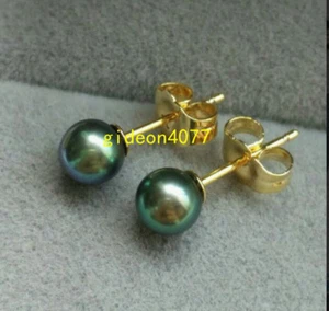 Splendido ORECCHINO AAA+ 5-6mm naturale TONDO NERO VERDE PERLE DI TAHITI 14K - Foto 1 di 3
