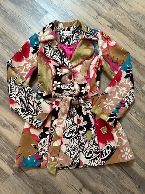 3 Sisters Coat Trench Velvet Floral Rhinestone Buttons Colorful Belted Small - Image 1 of 4