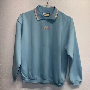 Jaclyn Smith Aqua Blue Collared Sweat Shirt MEDIUM Embr'd Flower Floral - Picture 1 of 7