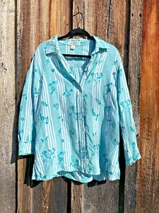 Women's COLDWATER CREEK long sleeve embroidered linen blouse blue white petite M - Picture 1 of 10