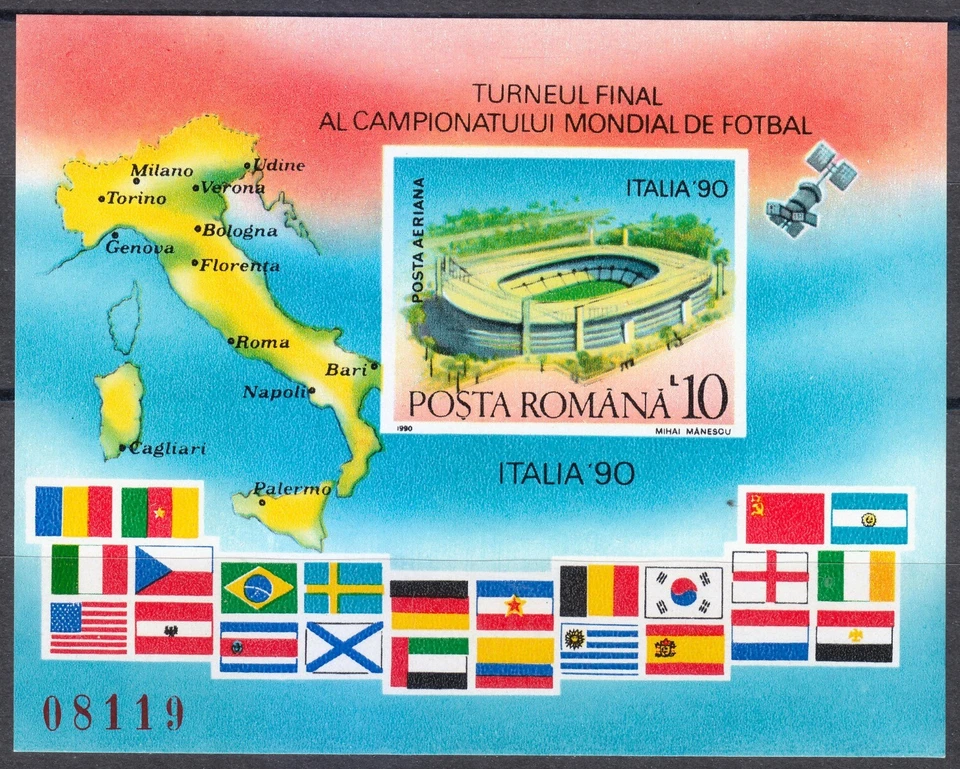 Rumanía 1990 MNH Mi Bloque 262 Mundial de Fútbol, Italia. Estadio ** Foto 1 de 2