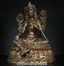 24.8" Huge Old Bronze Gilt Buddhism Sit Lotus Green Tara Goddess Buddha Statue