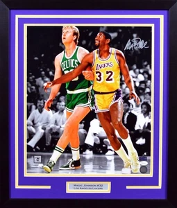 MAGIC JOHNSON SIGNED LOS ANGELES LAKERS VS LARRY BIRD 16x20 FRAMED PHOTO JSA - Picture 1 of 1