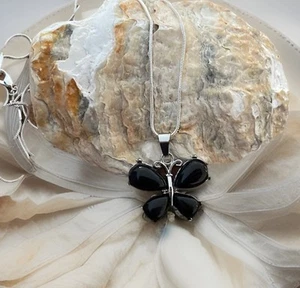 Black Obsidian Butterfly Gemstone Necklace- Silver Plated-New - Picture 1 of 4