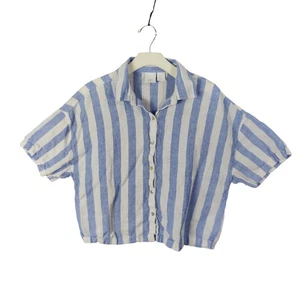 C&C California Women Large Striped Button Cropped Shirt 100% Linen Blue Nautical - Picture 1 of 6