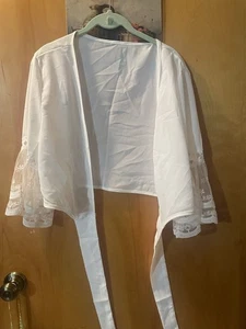 Womens L white wrap Around Boyfriend SHRUG top SHEER LACE BELL SLEEVES layering - Picture 1 of 5