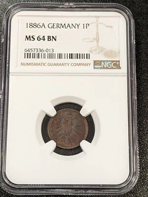 1886 A MS64 BN Germany 1 Pfennig UNC NGC KM 1 Large Shield - Image 1 of 4