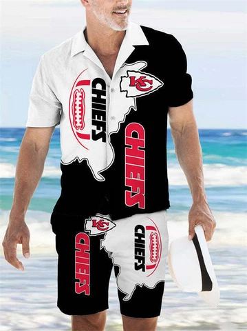 Kansas City Chiefs Mens Tracksuit 2 Piece Set Shirts with Button Hawaiian Shorts Cover