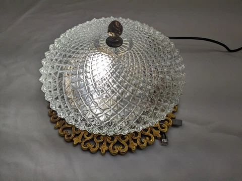 VINTAGE Hollywood Regency Ceiling Light Fixture Gold Lacey Diamond Glass Cover