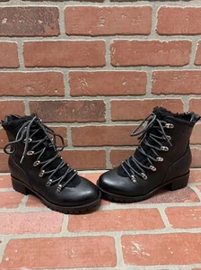 CALL IT SPRING Black Leather Lace Up/Zip Faux Fur Lined Ankle Boots Women’s Sz 5 - Picture 1 of 8