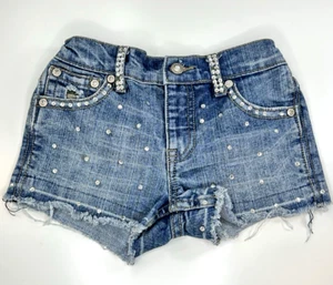 HANNAH BANANA Jean Shorts Rhinestone Bling Distressed Camo Frayed Denim Girls 6X - Picture 1 of 7