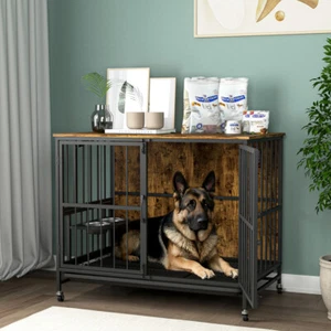 Dogs up to 80lbs, Double-Door, Removable Tray, Adjustable Feeding Bowls, Brown - Picture 1 of 11