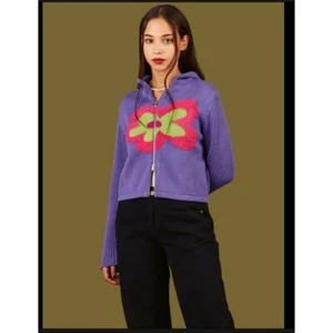 Unif Dazee fuzzy flower purple knit hooded zip up sweater size XS - Picture 1 of 9