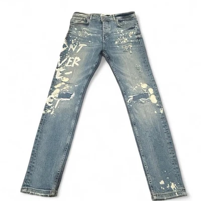 Pantalones de mezclilla ajustados con estampado de graffiti desgastados de Zara para hombre talla 34 azul lavado Y2K Foto 1 de 4