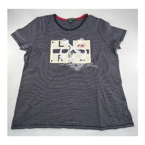 Lauren Ralph Lauren T-Shirt Medium Large Blue White Stripe 100% Cotton Casual - Picture 1 of 8