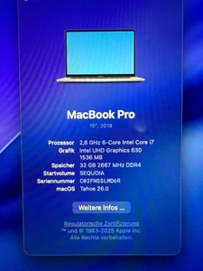 Apple MacBook Pro 16 Zoll Intel Core i7 9. Gen, 2,6 GHz, 32GB 512GB 2019 - Bild 1 von 19