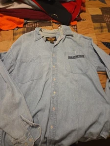 Vintage Harley Davidson Motorcycle Mens Embroidered Logo Denim Button-Up Sz (XL) - Picture 1 of 6