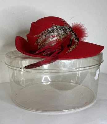 De colección Diane Feathersmith Sombrero de Lana Hecho a Mano en Acrílico Sombrero Caja Sombrero Rojo ÚNICO EN SU CLASE Foto 1 de 4