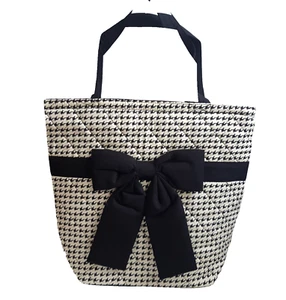 NaRaYa Quilted Shoulder Tote Bag Black & Ivory Cotton Blend Lined Zipper - Picture 1 of 12