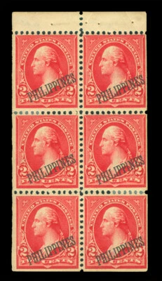 US PHILIPPINES 1900 Washington 2c red Type IV - Booklet pane  Scott 214b mint MH - Image 1 of 2