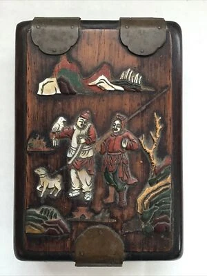 Старинная винтажная деревянная шкатулка китайская инкрустация охотничья собака сокол горы - Изображение 1 из 4